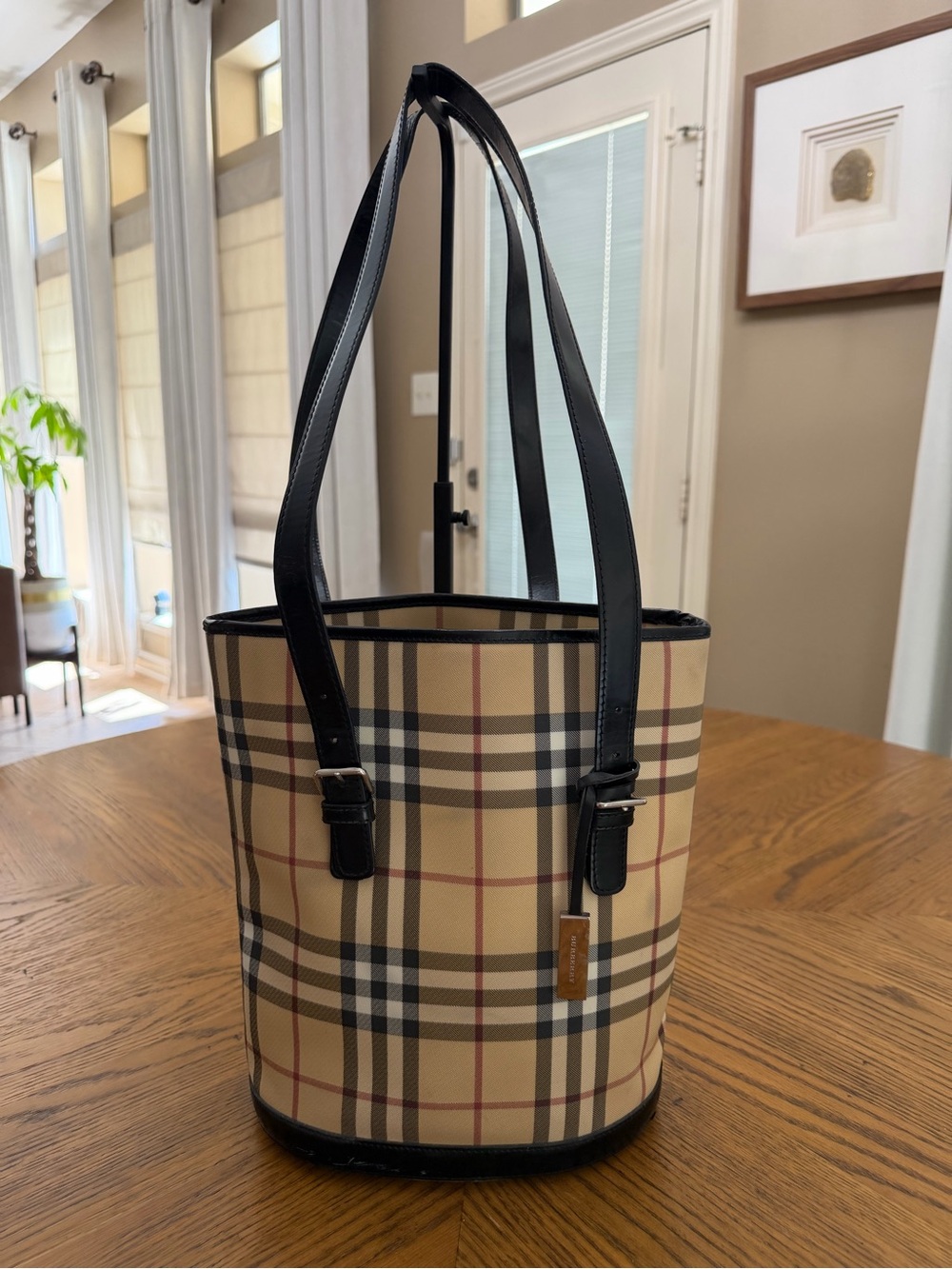 VINTAGE Burberry Nova Check Bucket Tote with Black Trim